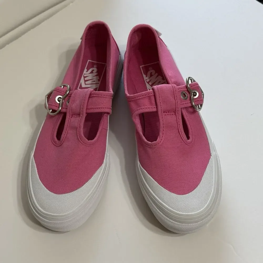 VANS T Strap Heart Buckle Canvas Sneakers Women’s 6.5 Pink White Mary Jane EUC - Picture 2 of 10